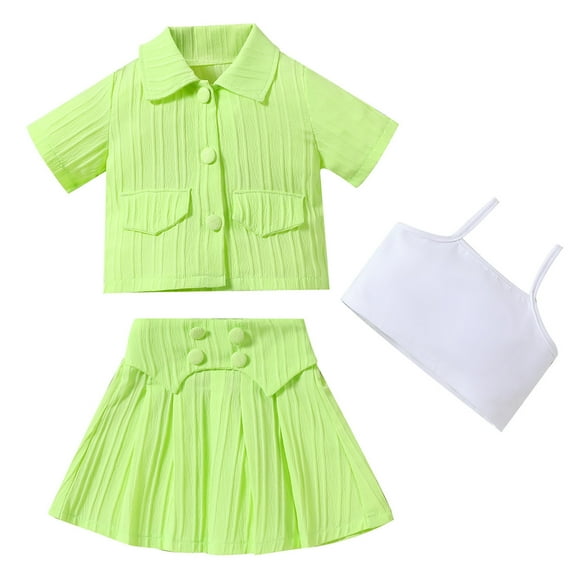 Girl's 3 Pieces Outfit Button Front Short Sleeve Shirt with Tank Top and Shorts Set