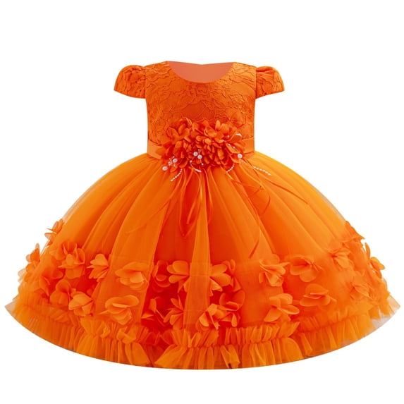 Girl's 3D Flower Waist Tulle Dress, Baby Toddler Flower Girl Wedding Dress with Bowknot, Shiny Butterfly Pageant Formal Dress for Birthday Christmas Party, 6M-5Y Orange 80