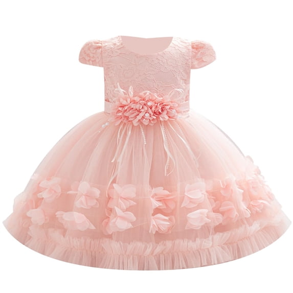 Girl's 3D Flower Waist Tulle Dress, Baby Toddler Flower Girl Wedding Dress with Bowknot, Shiny Butterfly Pageant Formal Dress for Birthday Christmas Party, 6M-5Y Light Pink 80