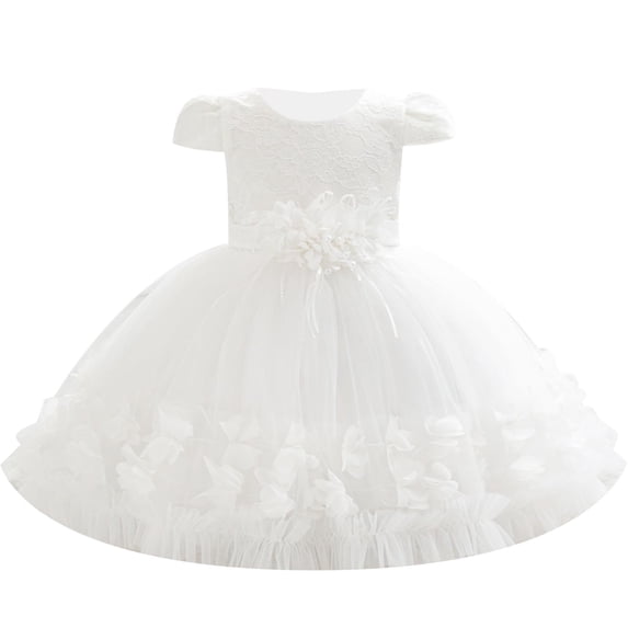 Girl's 3D Flower Waist Tulle Dress, Baby Toddler Flower Girl Wedding Dress with Bowknot, Shiny Butterfly Pageant Formal Dress for Birthday Christmas Party, 6M-5Y White 110