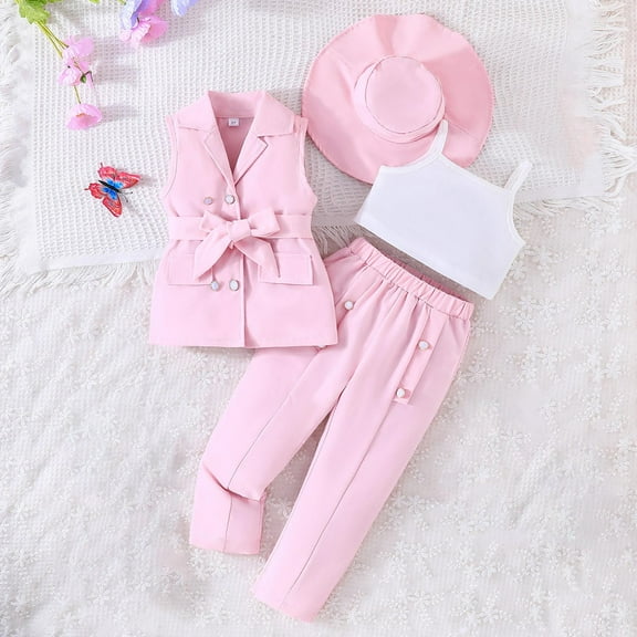 Girl's 4 Piece Outfits Cami Tops Long Pants and Sleeveless Butterfly Suit Vest with Hats Summer Dressy Clothing Sets