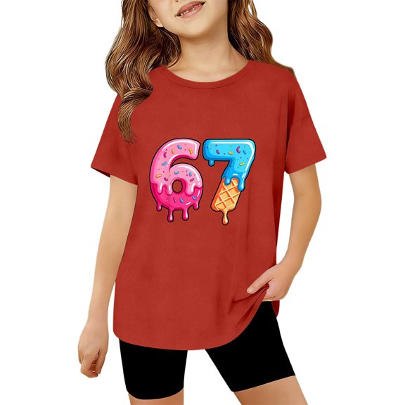 Girl's 67 Graphic Tees Short Sleeve Preppy Summer 6 7 Number T Shirt Six Seven Printed Baggy Tops Red Size 7-8 Y