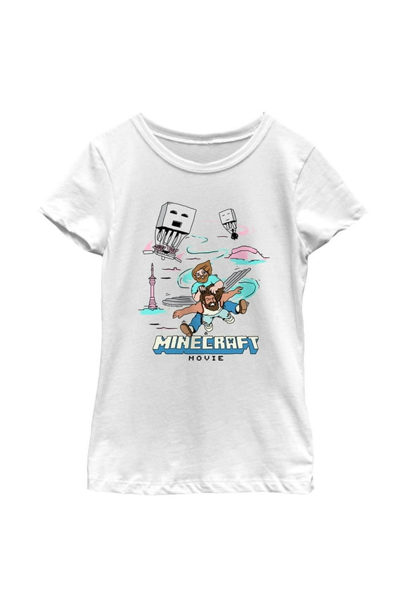 Girl's A Minecraft Movie Garrett and Steve Fly Faster Sketch  Graphic T-Shirt