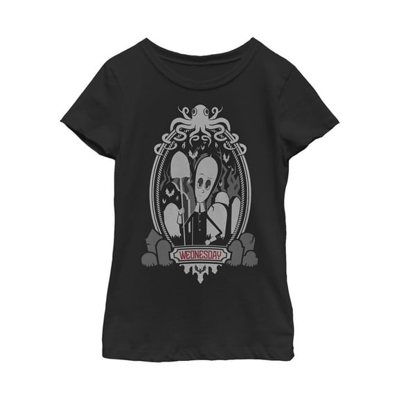 Girl's Addams Family Wednesday Octopus Portrait Graphic Tee Black Small