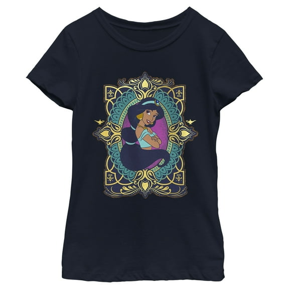 Girl's Aladdin Jasmine Gold Lotus Ornate  Graphic Tee Navy Blue X Small
