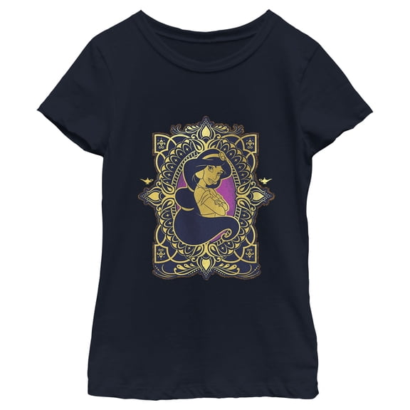 Girl's Aladdin Jasmine Gold Lotus Ornate Graphic Tee Navy Blue X Small