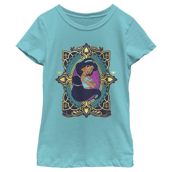 Girl's Aladdin Jasmine Gold Lotus Ornate Graphic Tee Tahiti Blue X Large