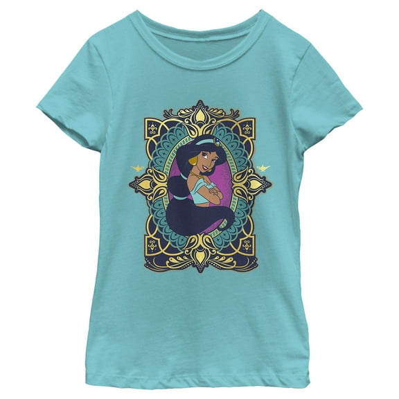 Girl's Aladdin Jasmine Gold Lotus Ornate Graphic Tee Tahiti Blue X Small