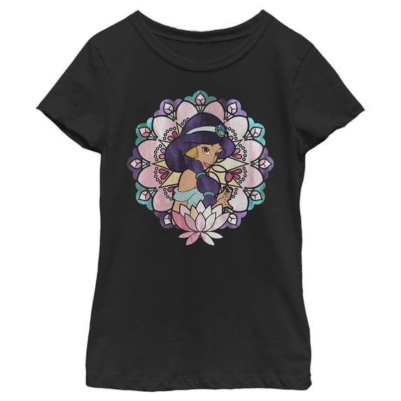 Girl's Aladdin Jasmine Lotus Flower Graphic Tee Black Large