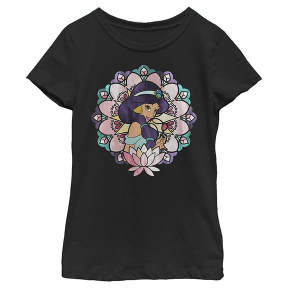 Girl's Aladdin Jasmine Lotus Flower  Graphic Tee Black Medium