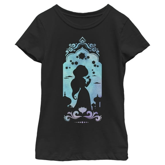 Girl's Aladdin Jasmine Watercolor Silhouette  Graphic Tee Black Large