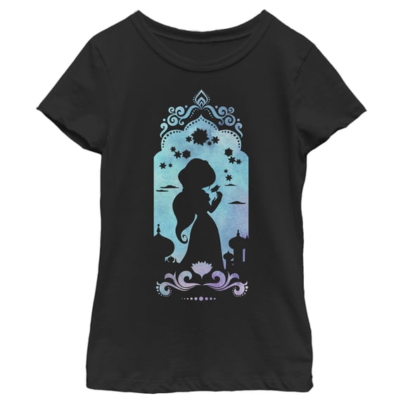 Girl's Aladdin Jasmine Watercolor Silhouette Graphic Tee Black Medium