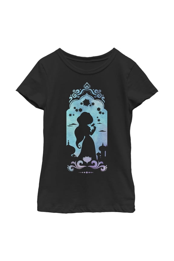 Girl's Aladdin Jasmine Watercolor Silhouette Graphic Tee Black Small