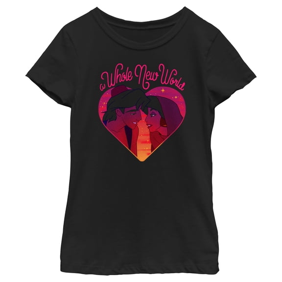 Girl's Aladdin Whole New World Heart Couple Graphic Tee Black Small