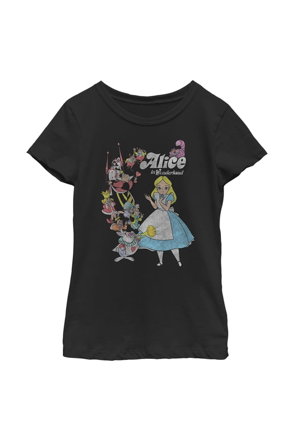 Girl's Alice in Wonderland Distressed Group Shot Graphic Tee Black Medium