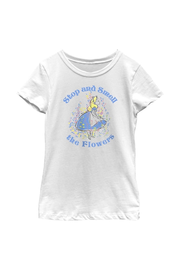 Girl's Alice in Wonderland Stop and Smell the Flowers Graphic Tee White Large