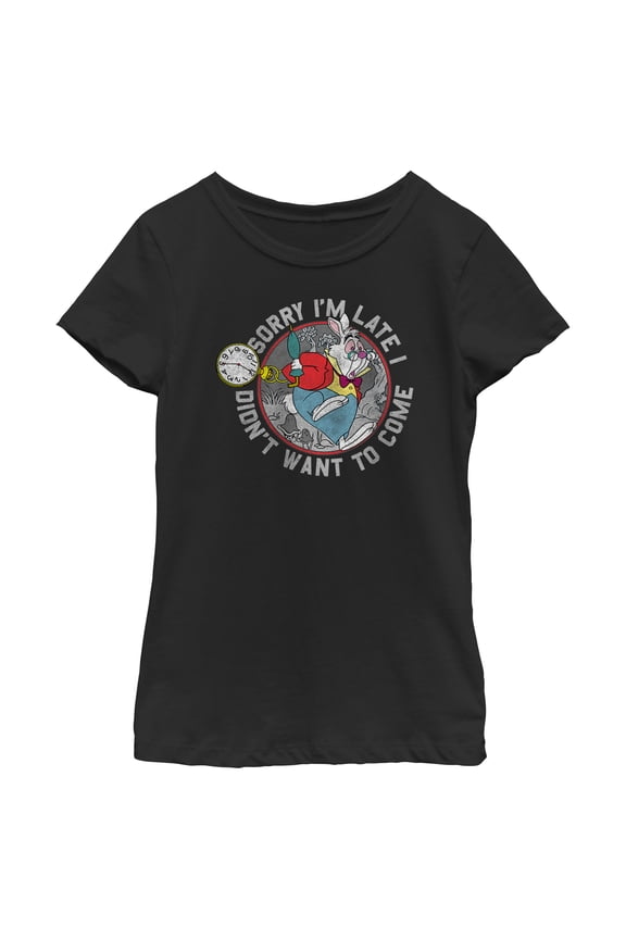 Girl's Alice in Wonderland The White Rabbit Sorry I'm Late Graphic Tee Black Small