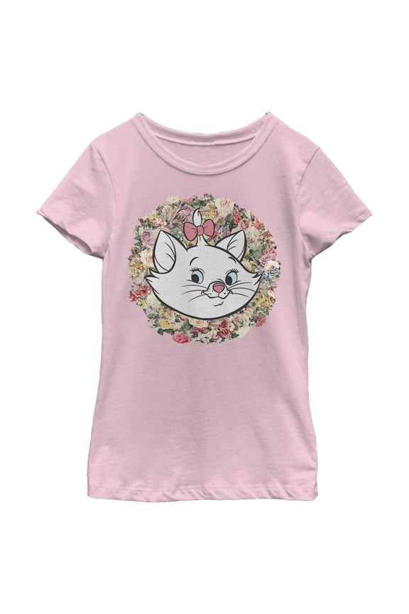 Girl's Aristocats Floral Marie White Kitten Graphic Tee Light Pink X Large