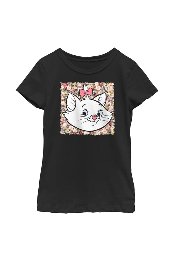 Girl's Aristocats Marie In A Bed Of Flowers Cuteness Stare Graphic Tee Black Large