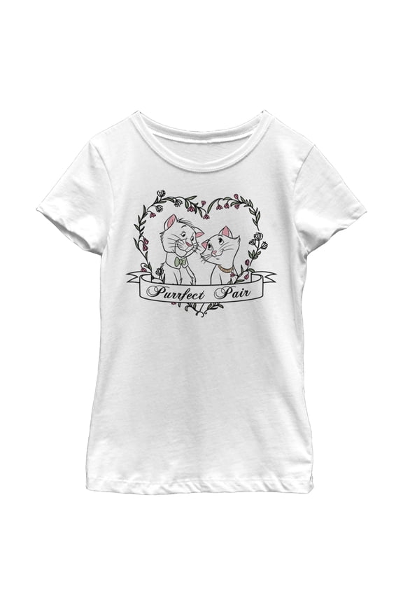 Girl's Aristocats Thomas and Duchess Purrfect Pair Heart  Graphic Tee White Medium