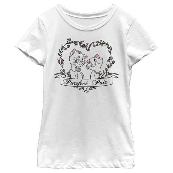 Girl's Aristocats Thomas and Duchess Purrfect Pair Heart Graphic Tee White X Large