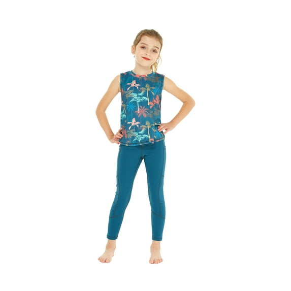 Girl's Athletic Sportswear Patterned Tank Top and Solid Legging Set in Crayon Palms Green Medium