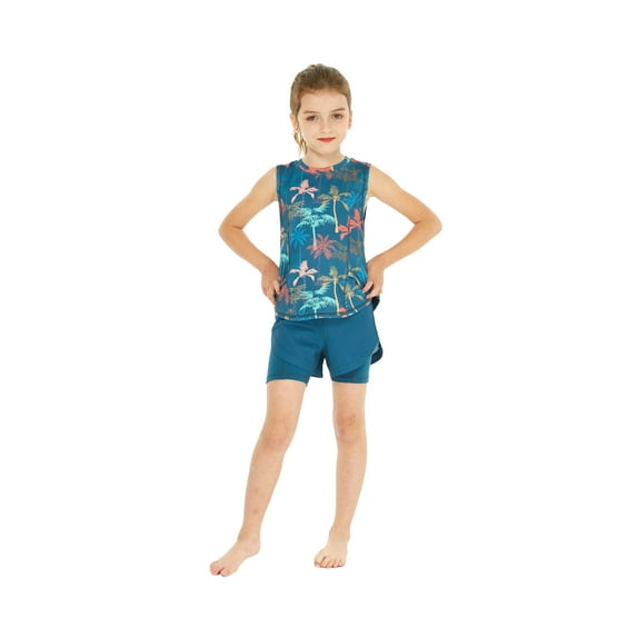 Girl's Athletic Sportswear Patterned Tank Top and Solid Tennis Shorts Set in Crayon Palms Green Small