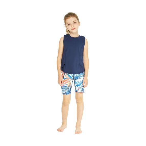Girl's Athletic Sportswear Solid Tank Top and Patterned Bike Shorts Set in Firebird Blue White X-Large