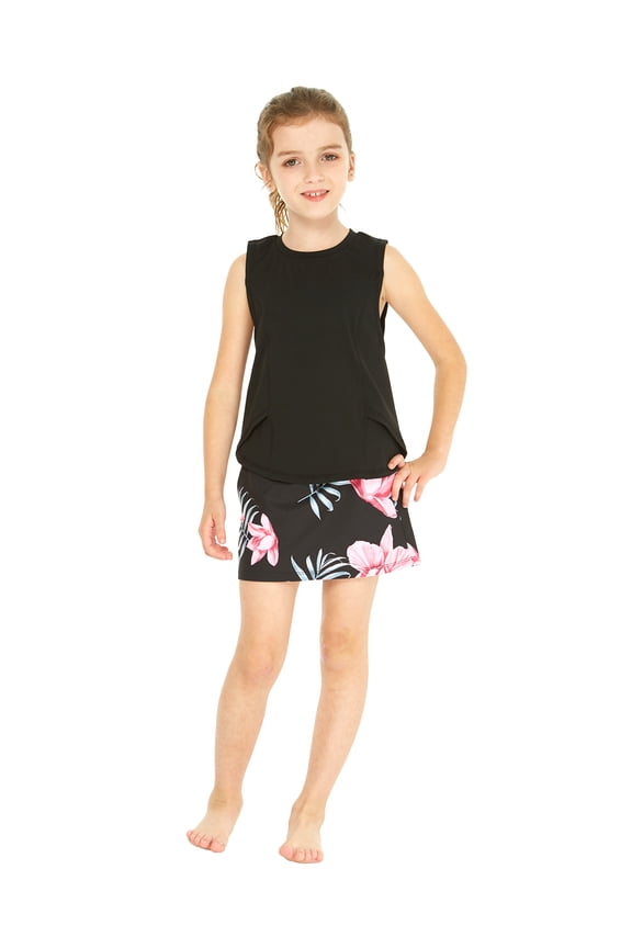 Girl's Athletic Sportswear Solid Tank Top and Patterned Skorts Set in Lotus and Orchid Black XX-Small