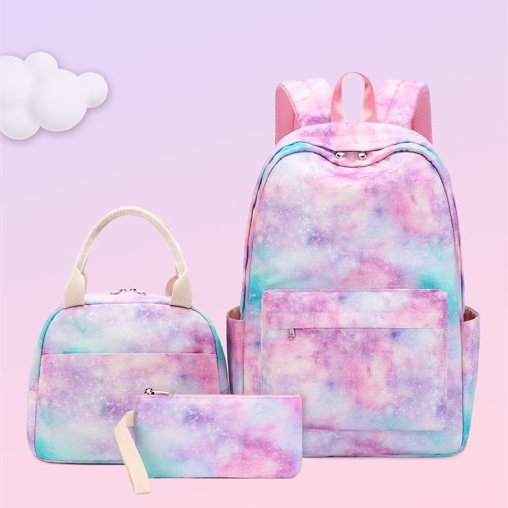 Girl's Backpack, Rainbow Gradient Schoolbag Starry Sky Unicorn Bookbag with  Lunch Pack Pencil Case 3-Piece Set (E) 