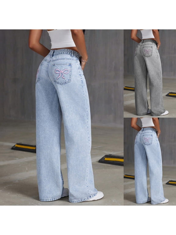 Girl's Baggy Jeans Bow Print Wide Leg High Waisted Denim Pants Loose Fit Y2K Trendy Jeans Girls Summer Preppy Kpop Jean Pants Wide Leg Jeans with Elastic Waist