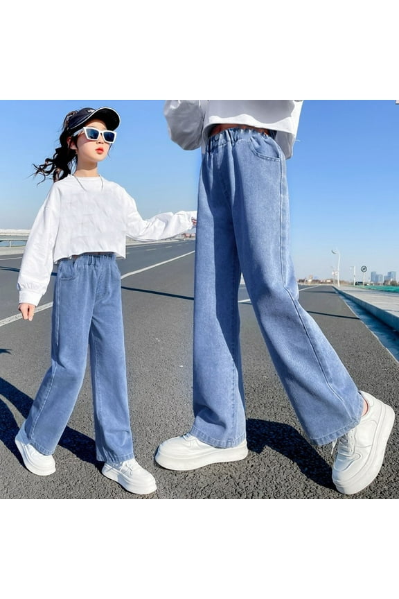 Girl's Baggy Jeans Loose Fit Denim Jeans Kids Boys Pull on Denim Pants with Flap Pocket for Kids