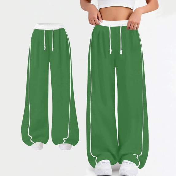 Girl's Baggy Sweatpants Elastic Waisted Wide Leg Athletic Joggers Casual Loose Track Pants with Pockets Green 14-15 Years