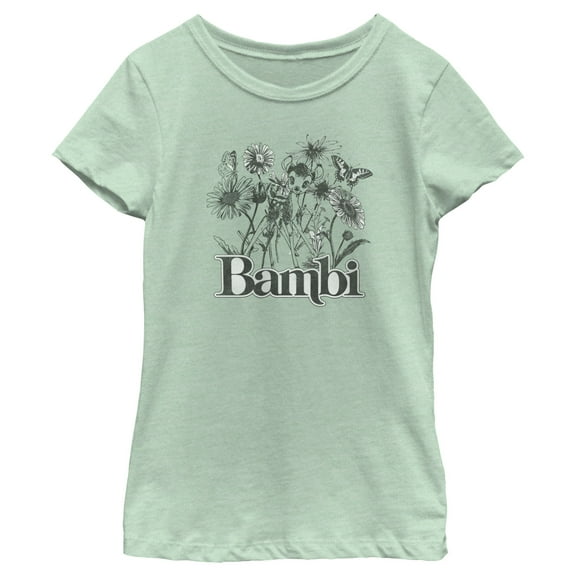 Girl's Bambi Gray Floral Sketch Graphic Tee Mint Large