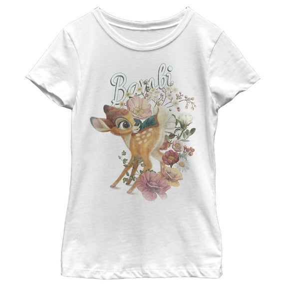 Girl's Bambi Playing In Flower Fields Graphic Tee White Small