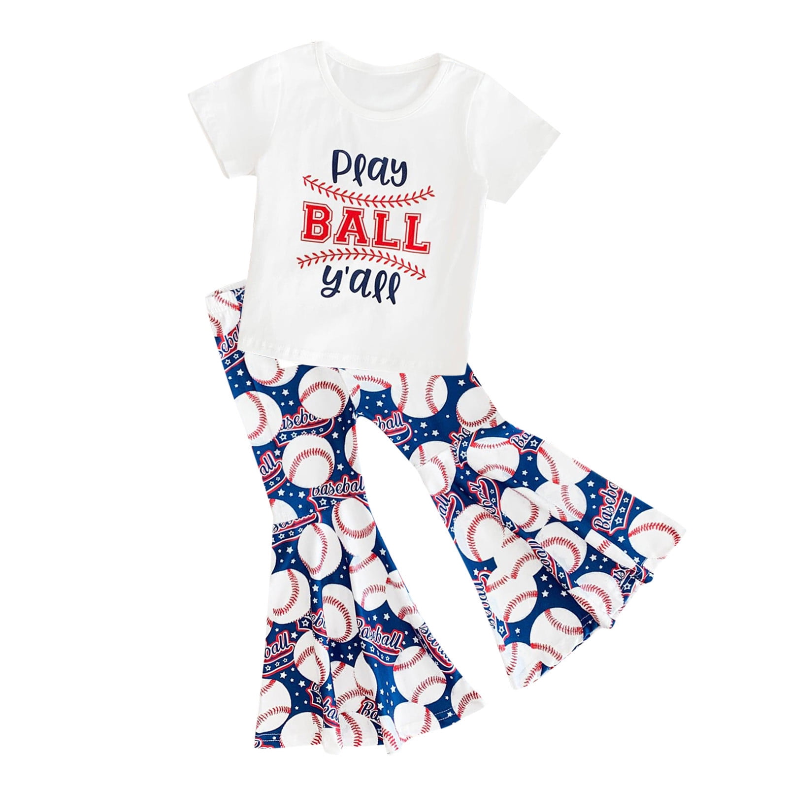Girl's Baseball Outfit Toddler Girls Short Sleeve Baseball Printed T Shirt  Pullover Tops Bell Bottoms Pants Kids Outfits Playwear Set Toddler Kids  Child 