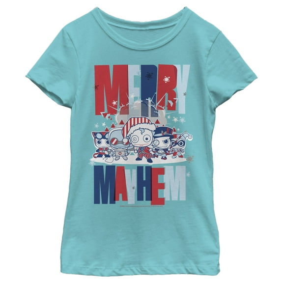 Girl's Batman Christmas Merry Mayhem  Graphic Tee Tahiti Blue Small