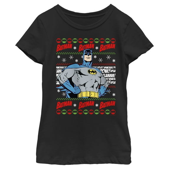 Girl's Batman Christmas Sweater Graphic Tee Black Large