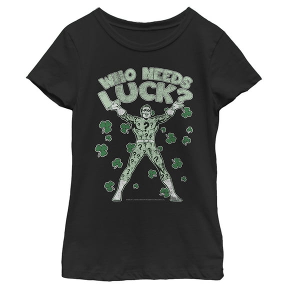 Girl's Batman St. Patrick's Day Riddler Who Needs Luck Distressed Graphic Tee Black Large