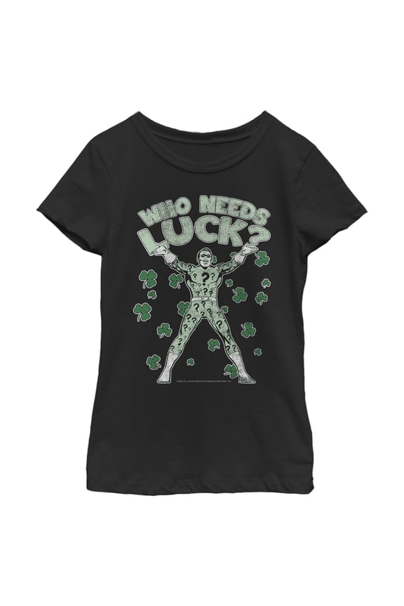 Girl's Batman St. Patrick's Day Riddler Who Needs Luck Distressed Graphic Tee Black Large