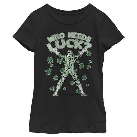 Girl's Batman St. Patrick's Day Riddler Who Needs Luck Distressed Graphic Tee Black Medium