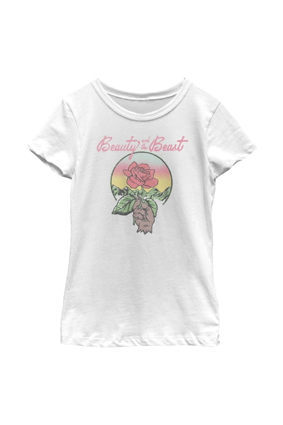 Girl's Beauty and the Beast Retro Rose Graphic Tee White Medium