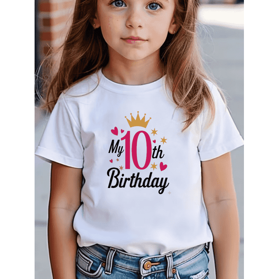 MAWOTEA Girl's Birthday Crown Hearts and Stars Print T-shirt For Kids Birthday Celebration,Size 4 Years-12 Years