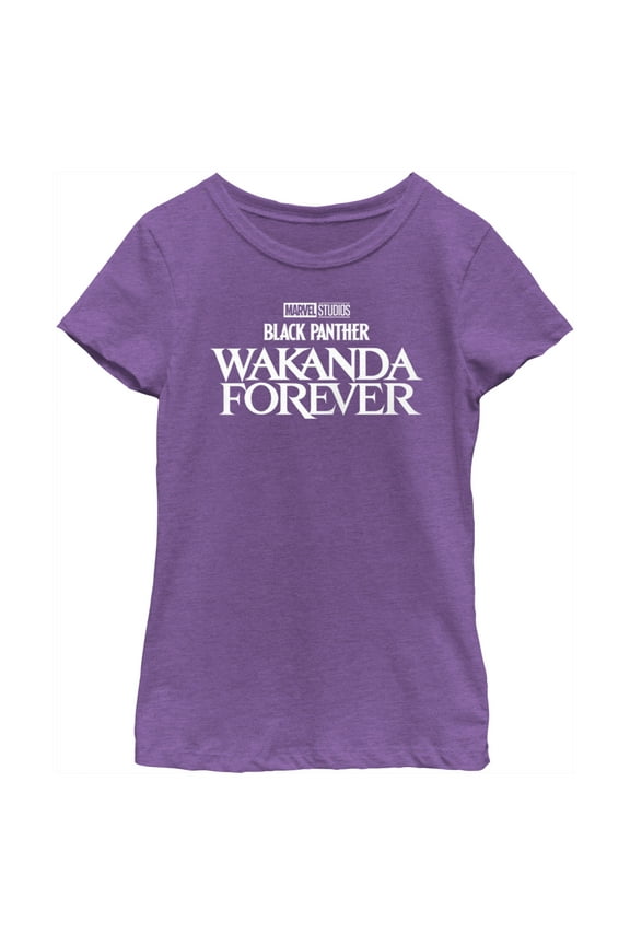 Girl's Black Panther: Wakanda Forever Black and White Movie Logo Graphic Tee Purple Berry Small