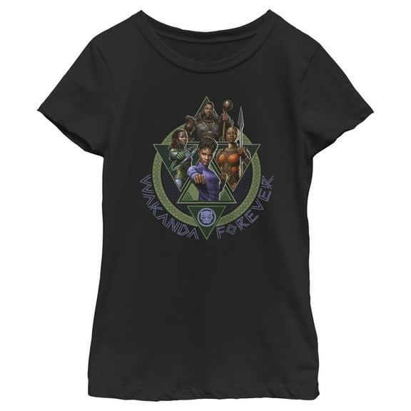 Girl's Black Panther: Wakanda Forever Character Portrait Triangles Graphic Tee Black Large