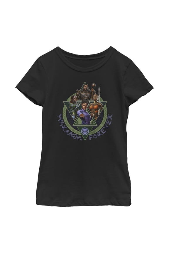 Girl's Black Panther: Wakanda Forever Character Portrait Triangles Graphic Tee Black X Small