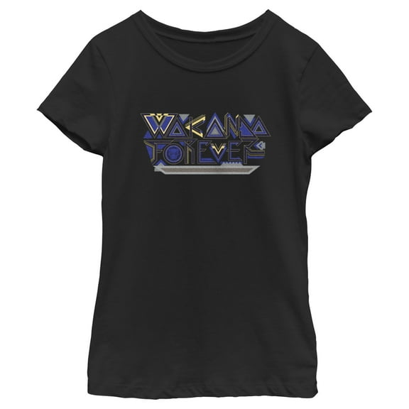 Girl's Black Panther: Wakanda Forever Yellow and Blue Pattern Logo Graphic Tee Black Large