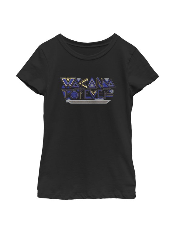 Girl's Black Panther: Wakanda Forever Yellow and Blue Pattern Logo Graphic Tee Black Large