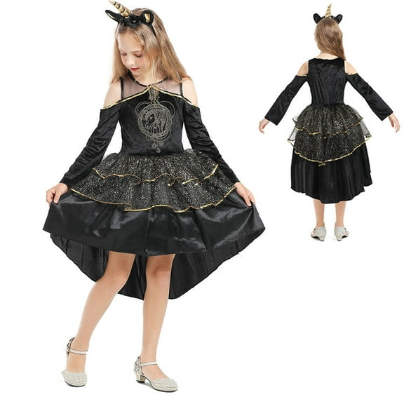 Girl's Black Unicorn Dress for Halloween Costume Party 4-8T