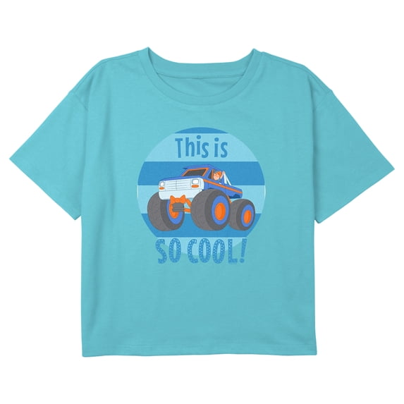 Girl's Blippi This Is So Cool Blue and Orange Truck Graphic Cropped T-Shirt Blue Medium